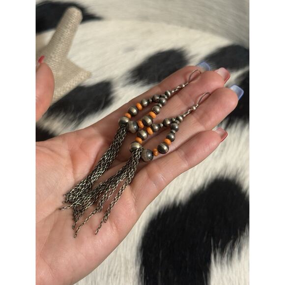 Native American Sterling Silver Navajo Pearl Orange Spiny Chandelier Earrings 4” - Picture 8 of 10